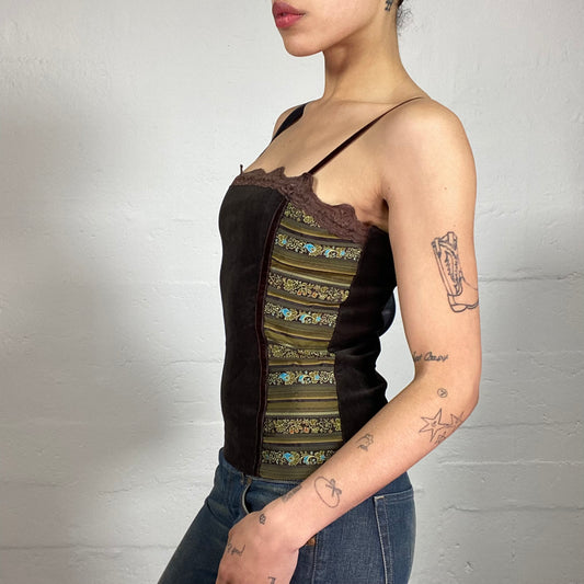 Vintage 2000's Spring Park Date Velvet Brown and Printed Green Embroidery Top with Lace Trim (S)