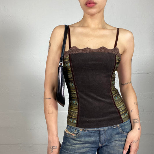 Vintage 2000's Spring Park Date Velvet Brown and Printed Green Embroidery Top with Lace Trim (S)