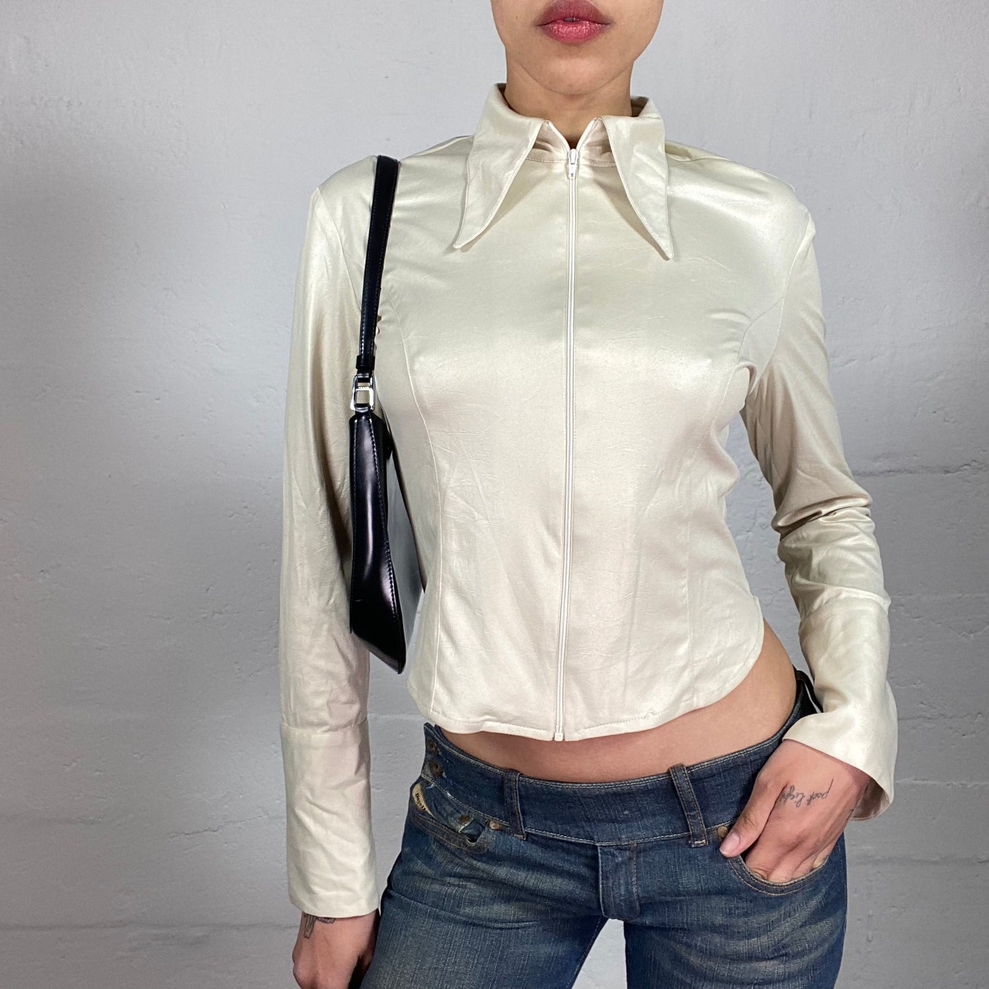 Vintage 2000's Soft Office Girl Milky Colour Silky Zip Up Shirt with Pointy Collar (M)