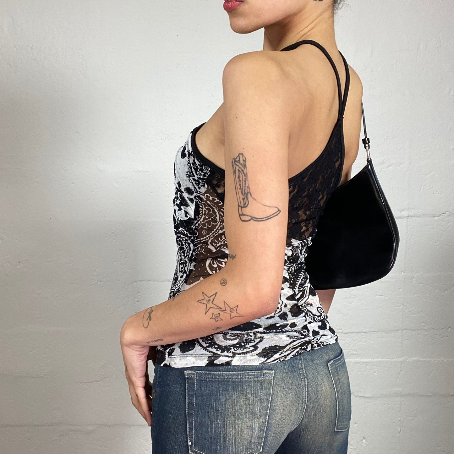 Vintage 2000's Night Out Black and White Neckholder Top with Boho Print and Lace Back Detail (S)