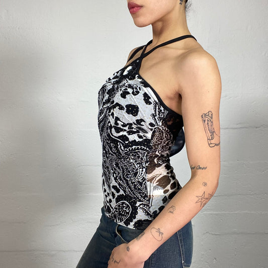 Vintage 2000's Night Out Black and White Neckholder Top with Boho Print and Lace Back Detail (S)