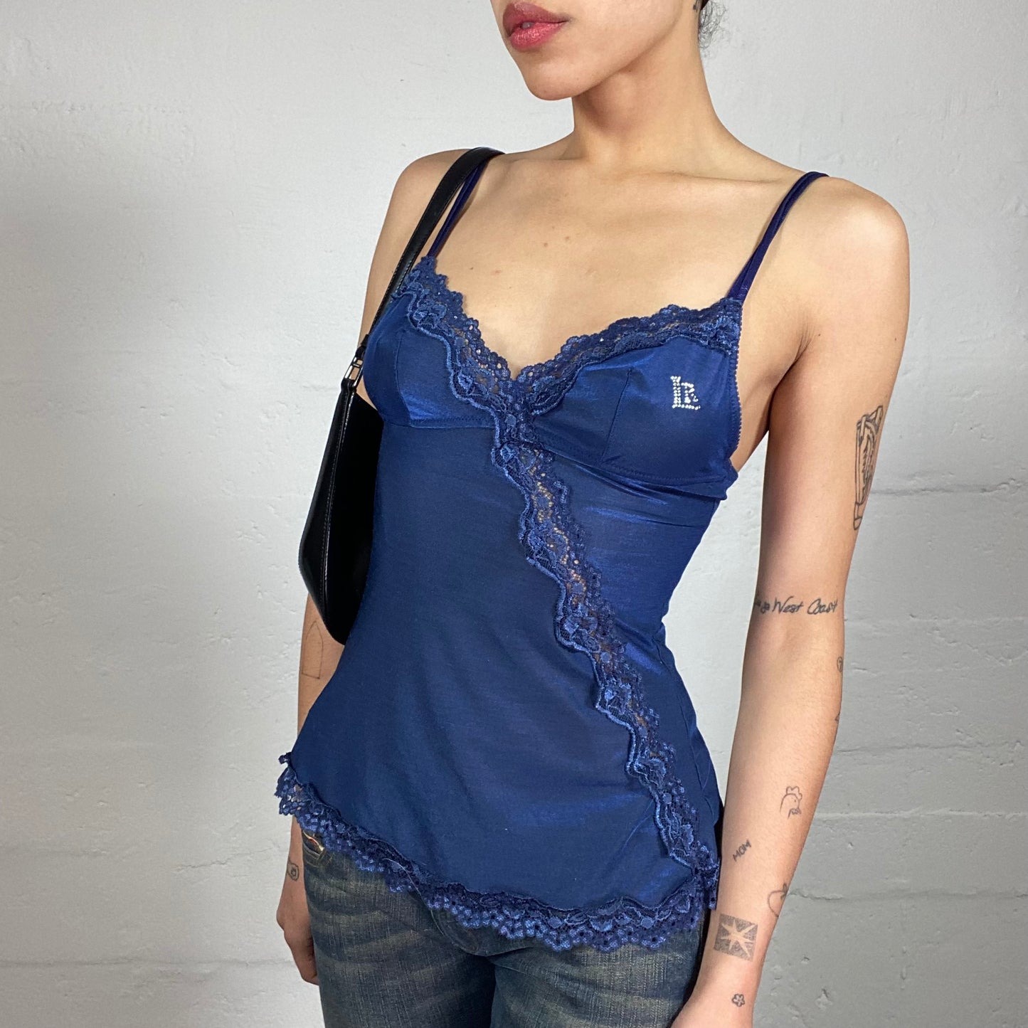 Vintage 2000's Coquette Blue Romantic Cami Top with Lace Decor and Rhinestone Embroidery (S)