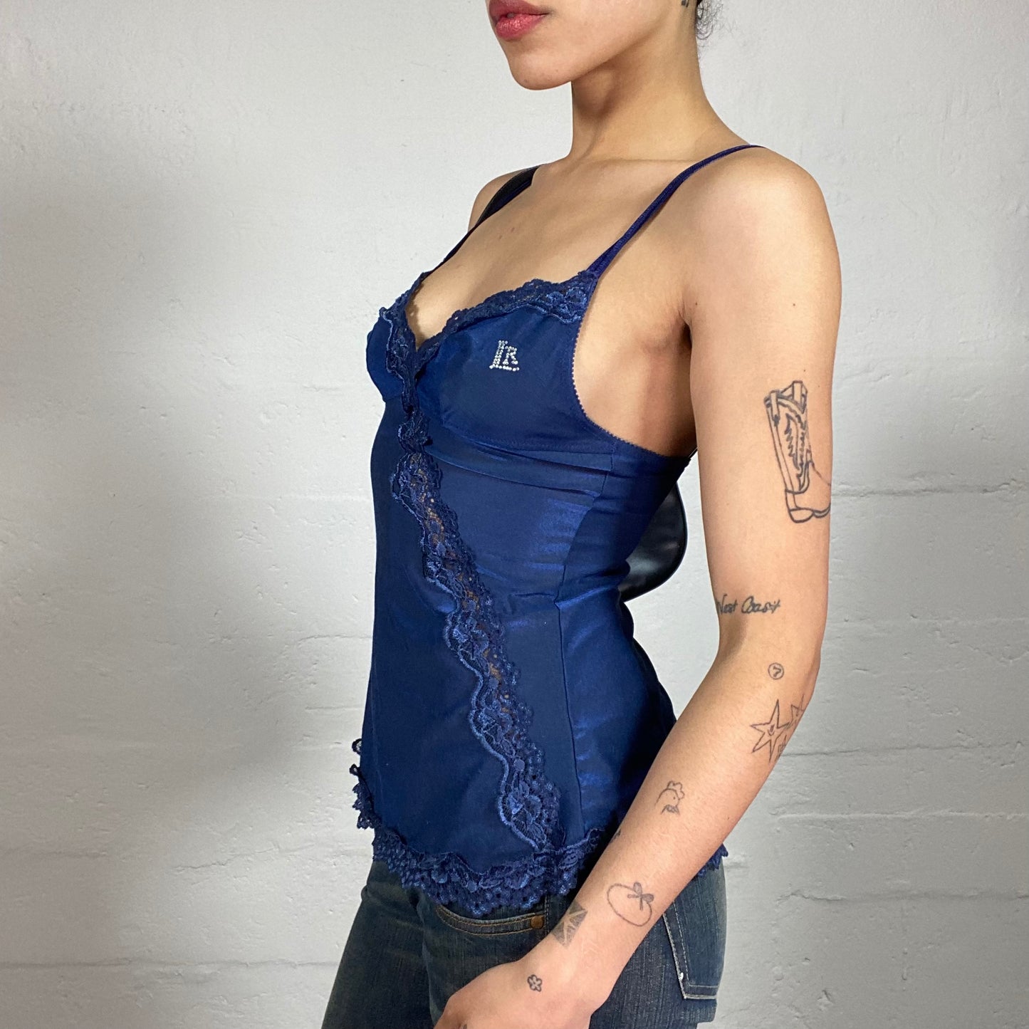 Vintage 2000's Coquette Blue Romantic Cami Top with Lace Decor and Rhinestone Embroidery (S)