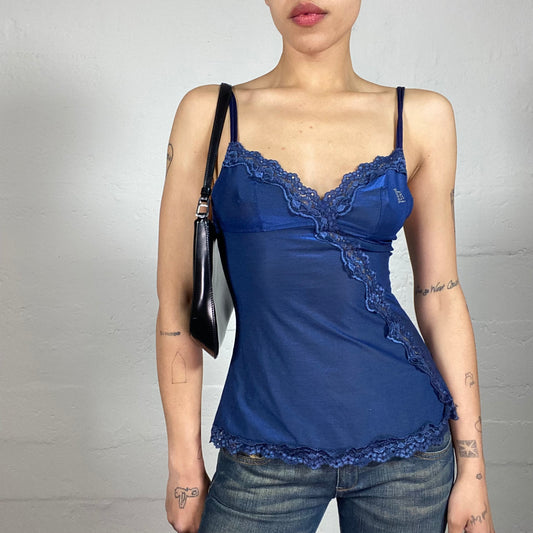 Vintage 2000's Coquette Blue Romantic Cami Top with Lace Decor and Rhinestone Embroidery (S)