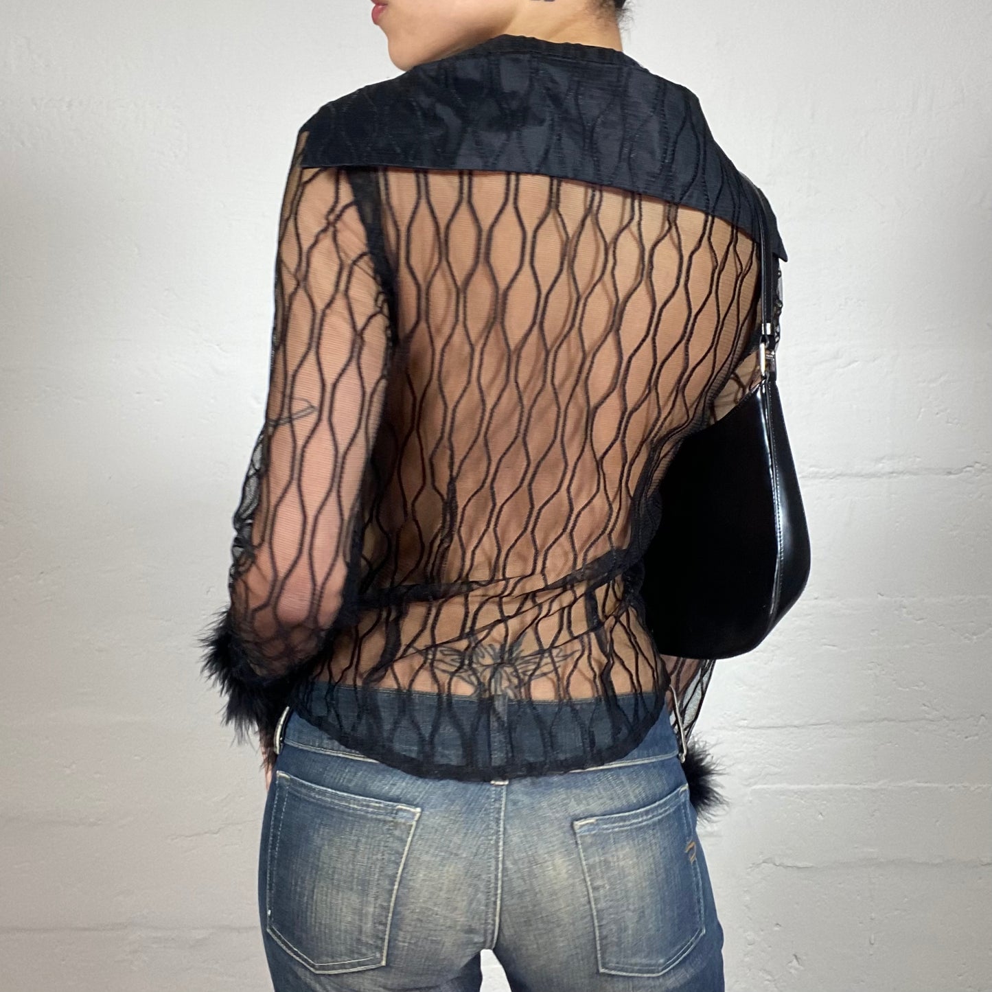 Vintage 2000's Glamorous Party Black Mesh See-Through Button Up Short with Faux Fur Sleeve Decor (M)