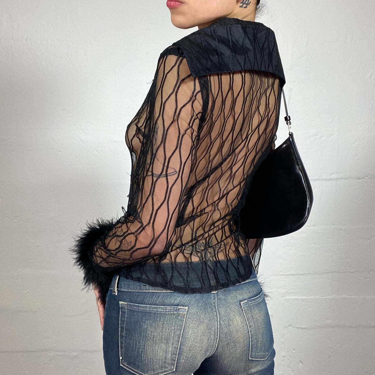 Vintage 2000's Glamorous Party Black Mesh See-Through Button Up Short with Faux Fur Sleeve Decor (M)