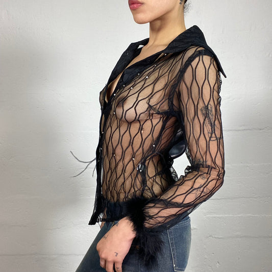 Vintage 2000's Glamorous Party Black Mesh See-Through Button Up Short with Faux Fur Sleeve Decor (M)