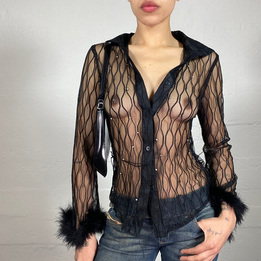 Vintage 2000's Glamorous Party Black Mesh See-Through Button Up Short with Faux Fur Sleeve Decor (M)
