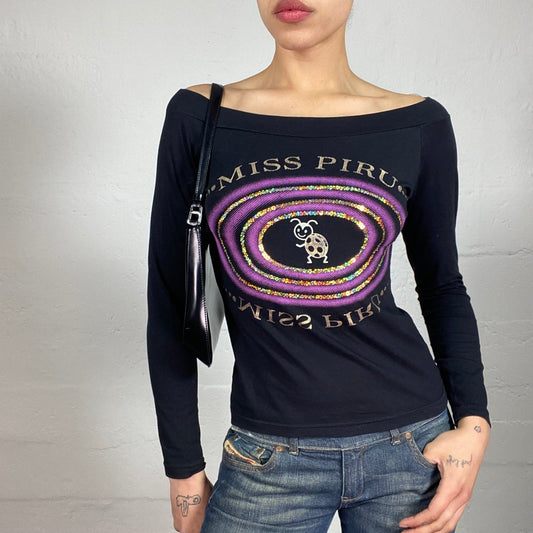 Vintage 2000's Downtown Girl Black Open Shoulders Longsleeve Top with Fun Purple and Gold Miss Piru Print (S/M)
