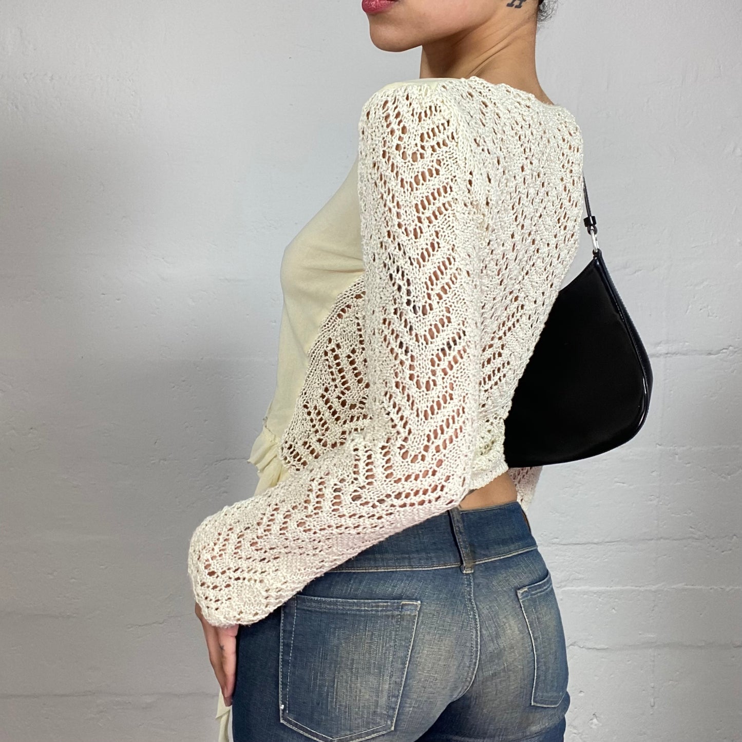 Vintage 2000's Soft Girl Crochet Milky Cardigan Button Up Top with Ruffle Details (S)