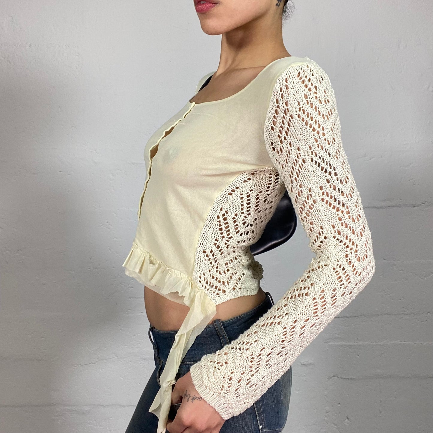 Vintage 2000's Soft Girl Crochet Milky Cardigan Button Up Top with Ruffle Details (S)