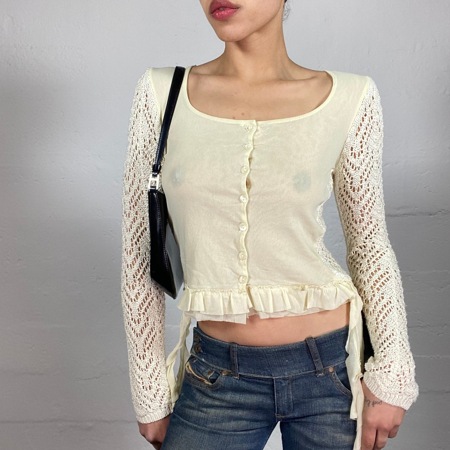 Vintage 2000's Soft Girl Crochet Milky Cardigan Button Up Top with Ruffle Details (S)