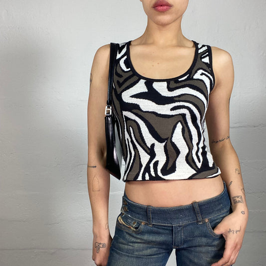 Vintage 2000's Futuristic Brown and White Knitted Cropped Tank Top with Abstract Print (S)