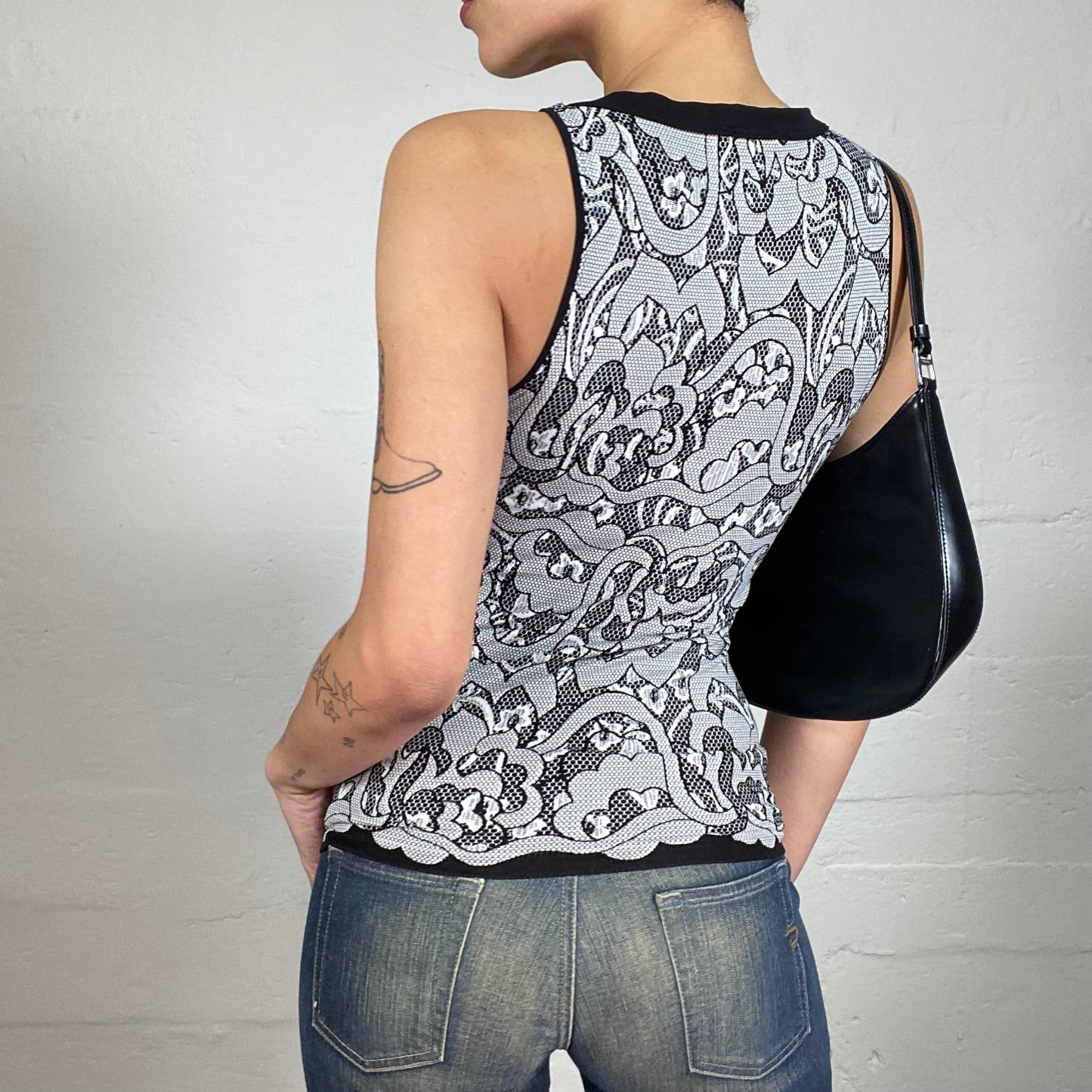 Vintage 2000's Coquette Girl Black and White Printed Textured Tank Top with Chest Cut (S/M)