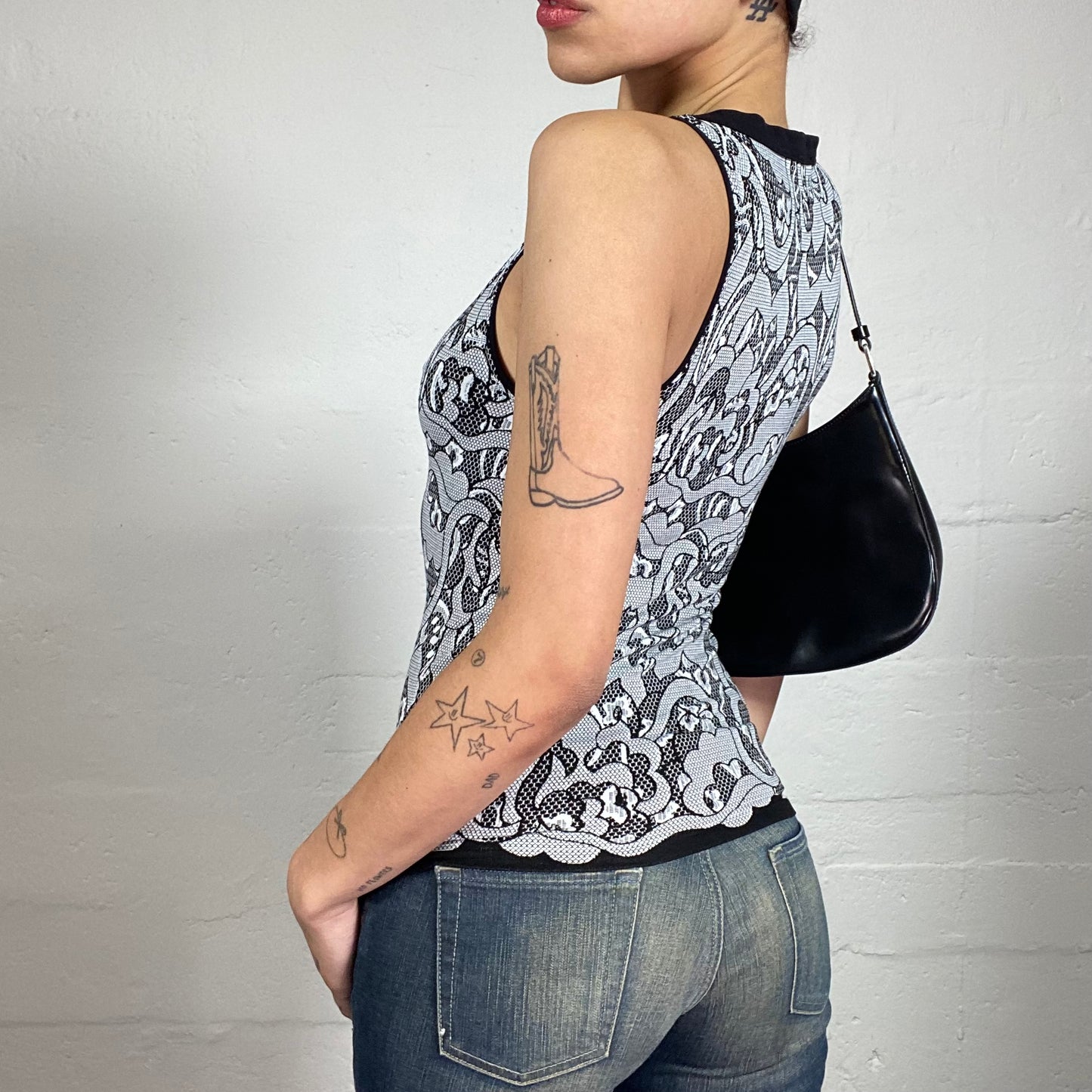 Vintage 2000's Coquette Girl Black and White Printed Textured Tank Top with Chest Cut (S/M)