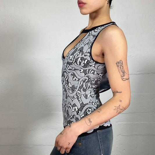 Vintage 2000's Coquette Girl Black and White Printed Textured Tank Top with Chest Cut (S/M)