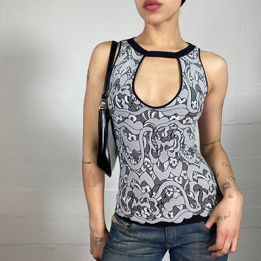 Vintage 2000's Coquette Girl Black and White Printed Textured Tank Top with Chest Cut (S/M)