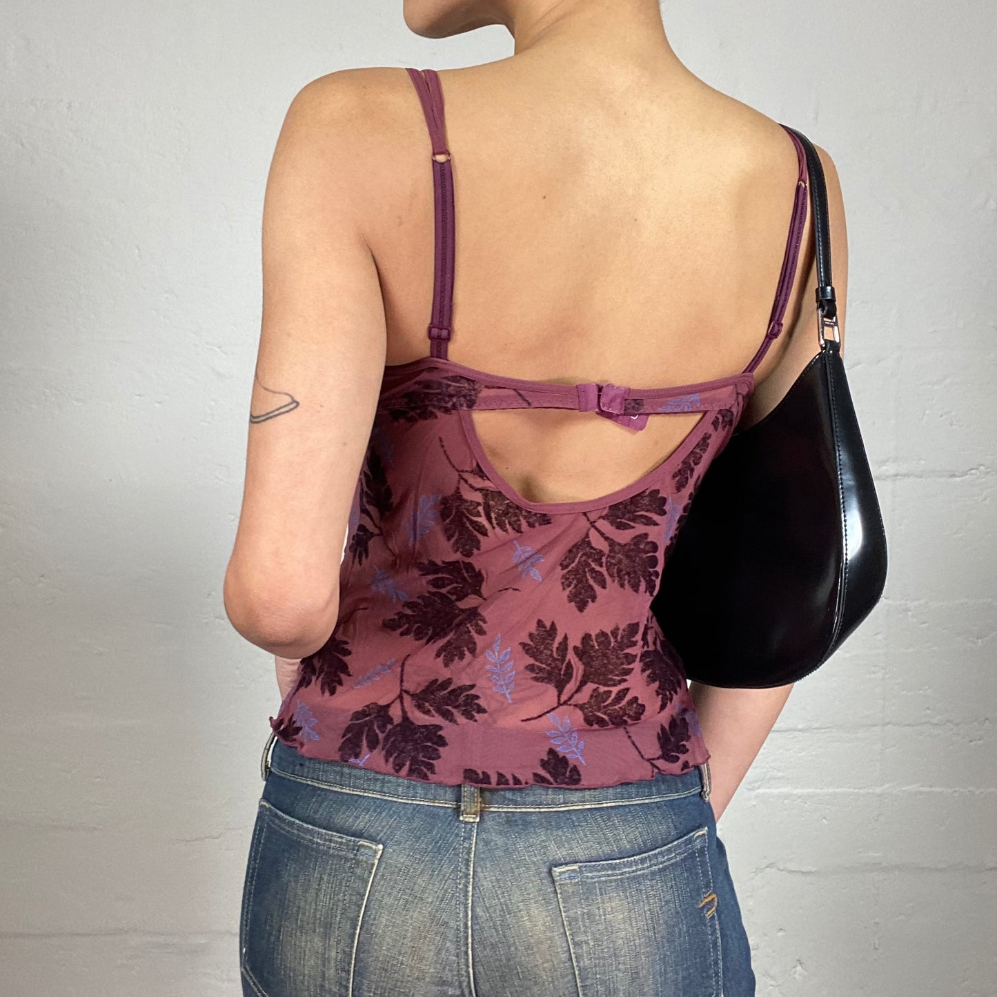 Vintage 2000's Dark Boho Dirty Pink Mesh Cami Top with Leaves Print (S)