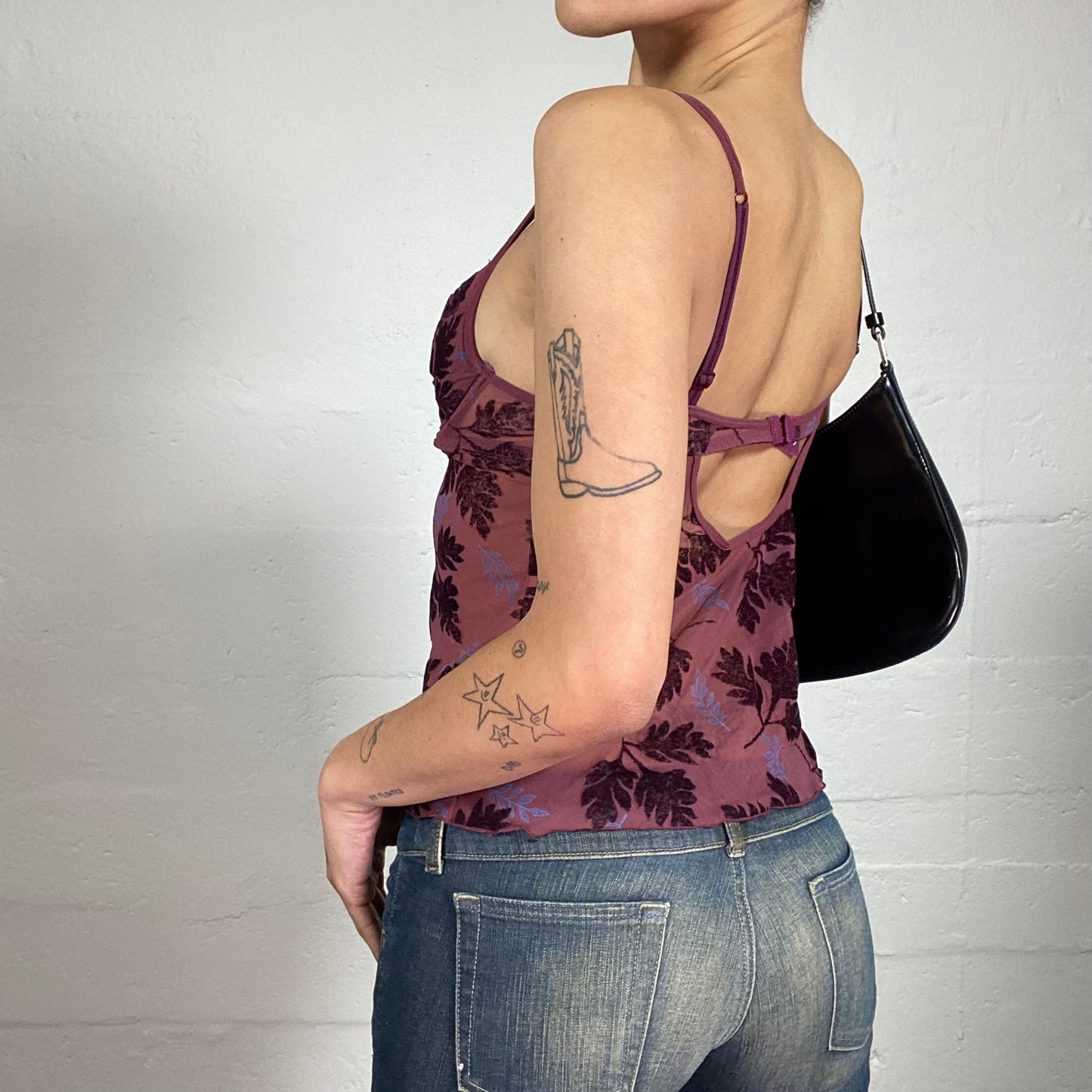 Vintage 2000's Dark Boho Dirty Pink Mesh Cami Top with Leaves Print (S)