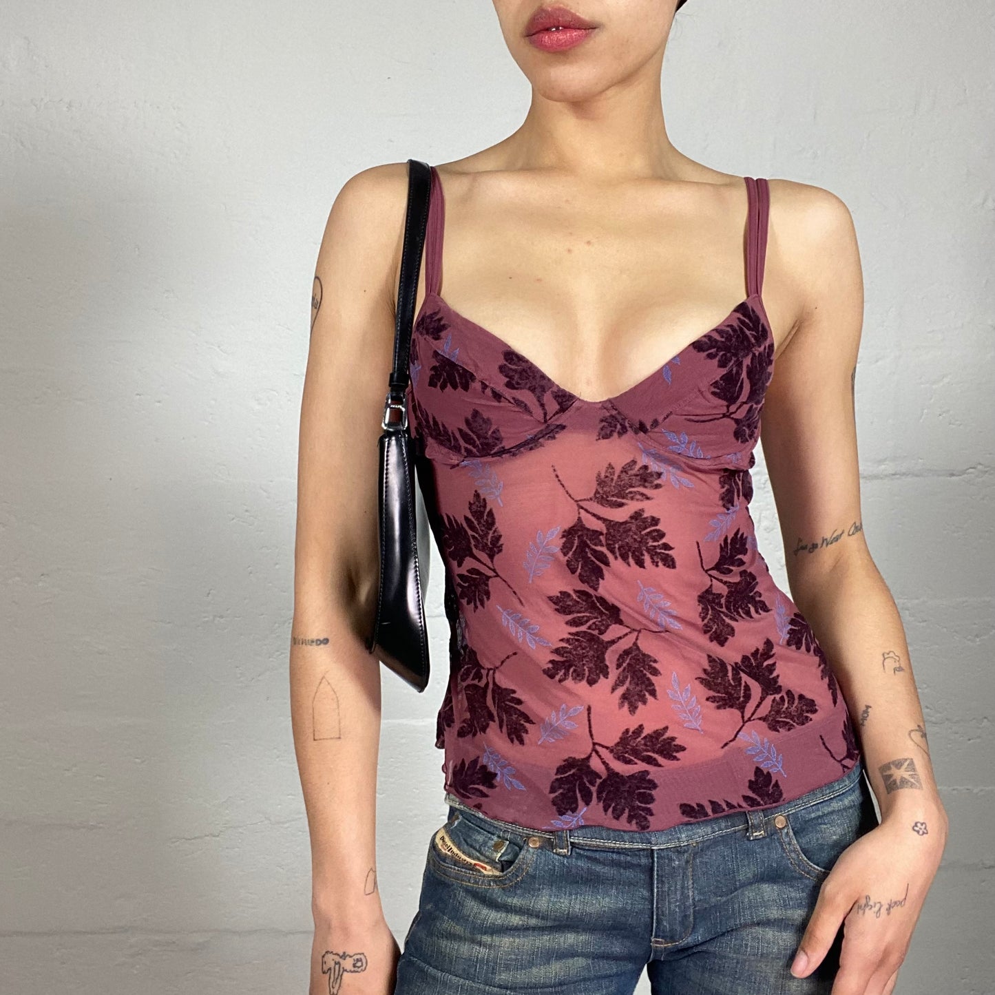 Vintage 2000's Dark Boho Dirty Pink Mesh Cami Top with Leaves Print (S)