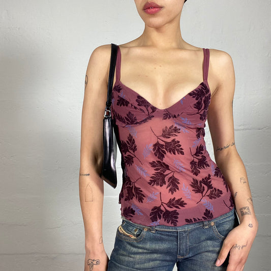 Vintage 2000's Dark Boho Dirty Pink Mesh Cami Top with Leaves Print (S)