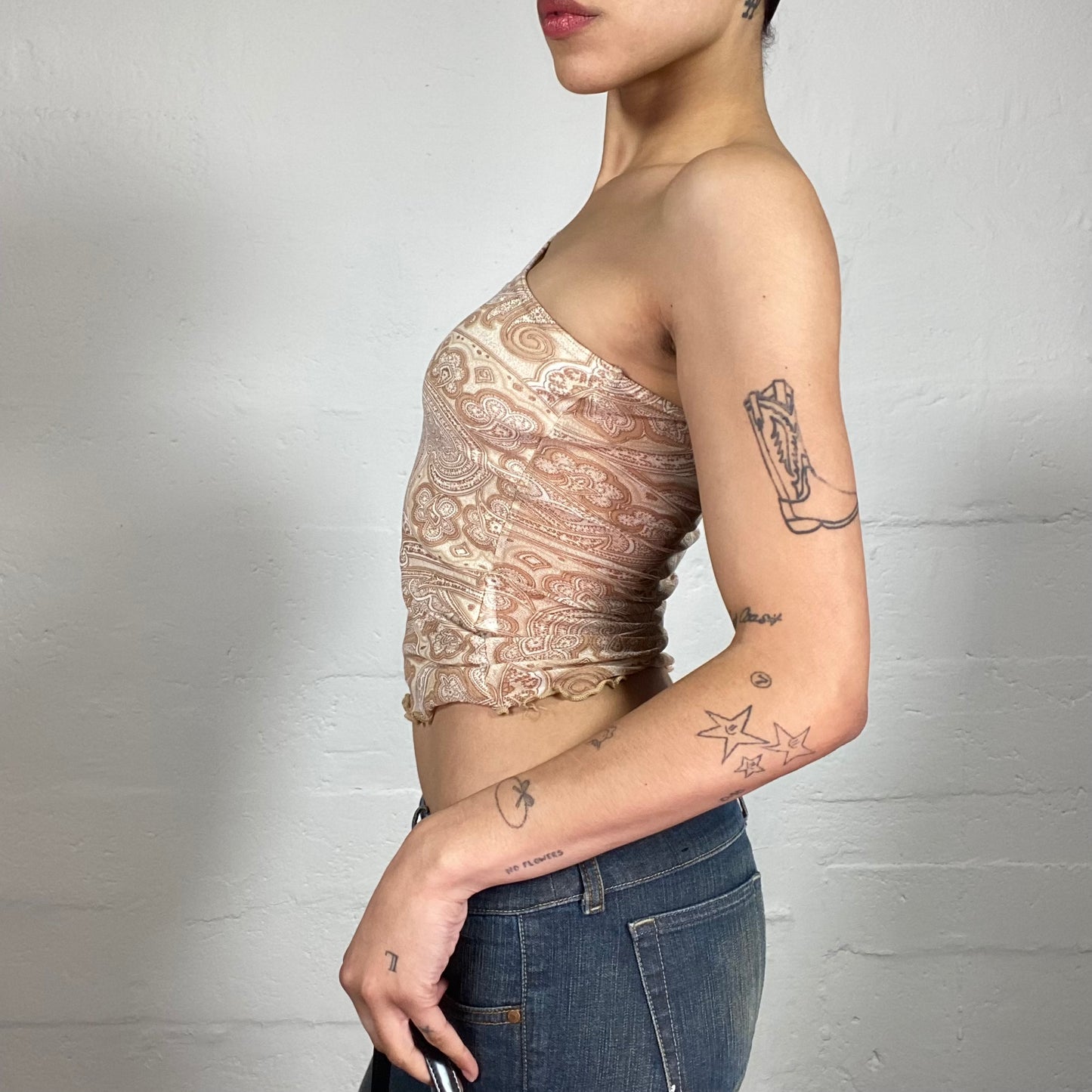 Vintage 2000's Romantic Beige One Shoulder Assymentric Ruffle Detailed Top with Boho Print (S)