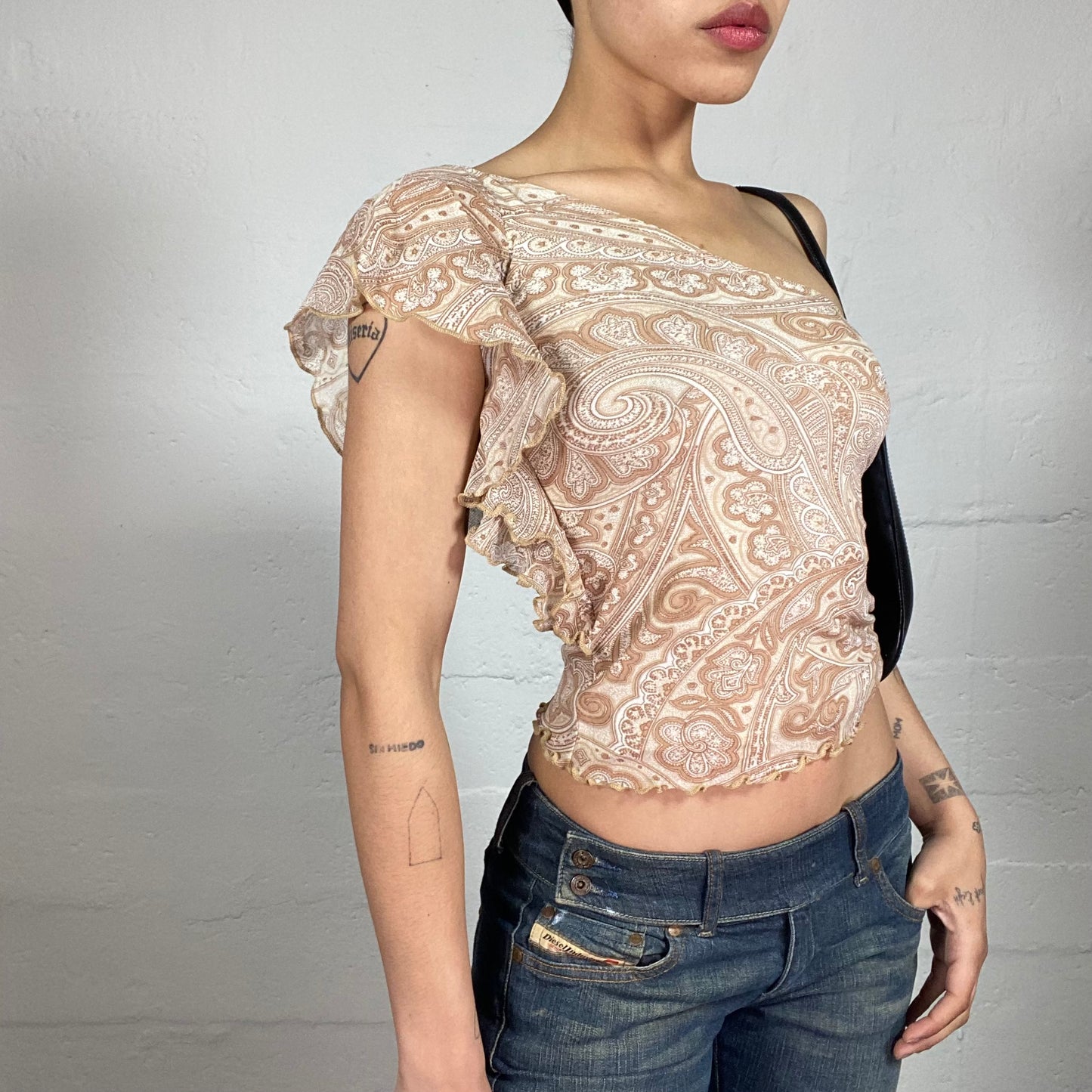 Vintage 2000's Romantic Beige One Shoulder Assymentric Ruffle Detailed Top with Boho Print (S)