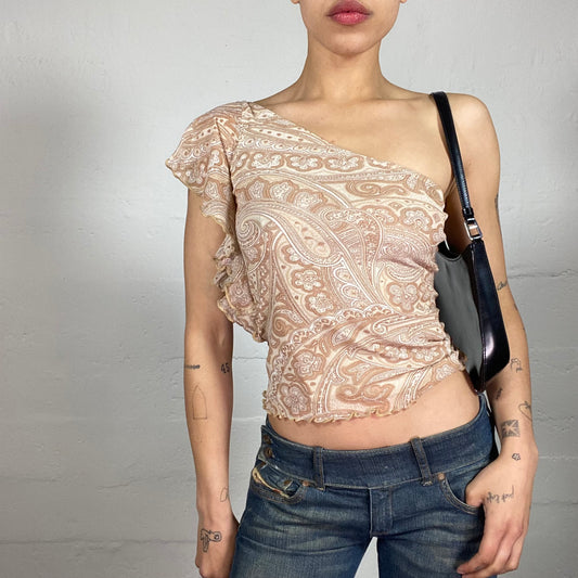 Vintage 2000's Romantic Beige One Shoulder Assymentric Ruffle Detailed Top with Boho Print (S)