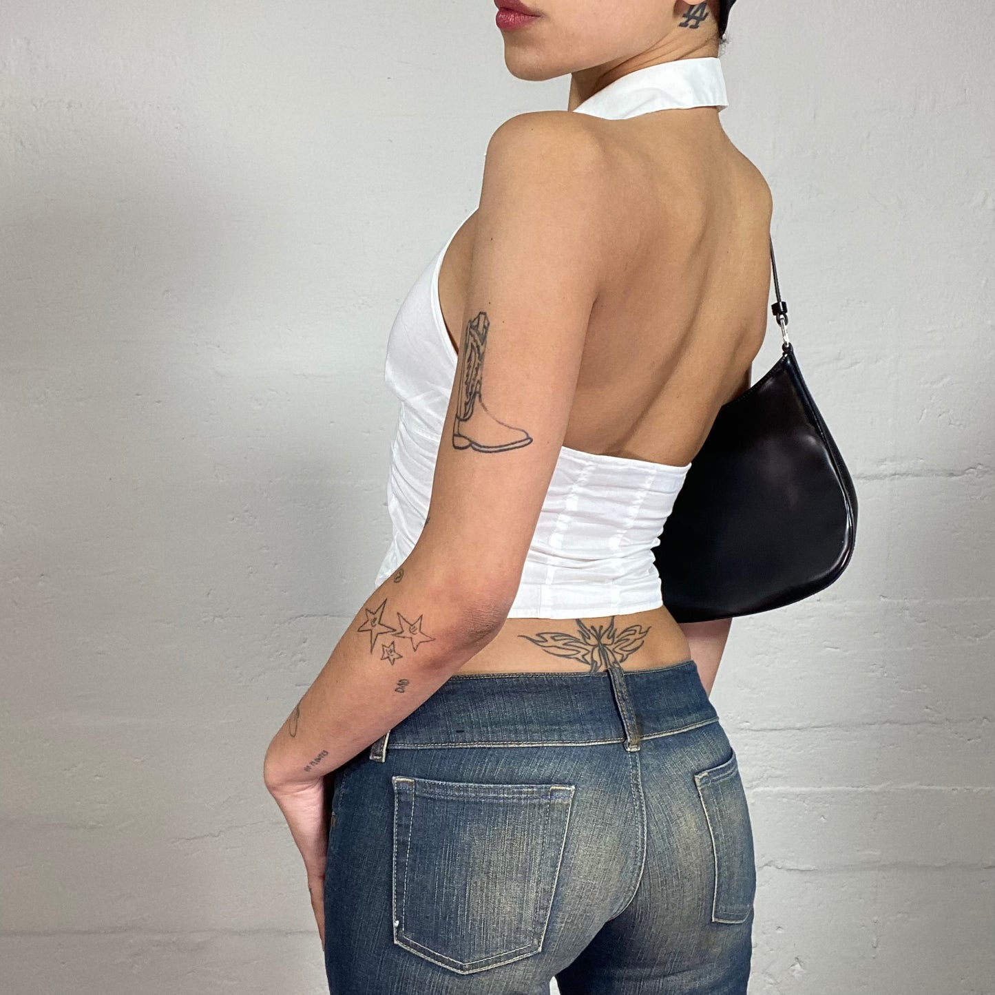 Vintage 2000's Office Girl White Bra Closing Neckholder Top with Pointy Collar Detail (S)