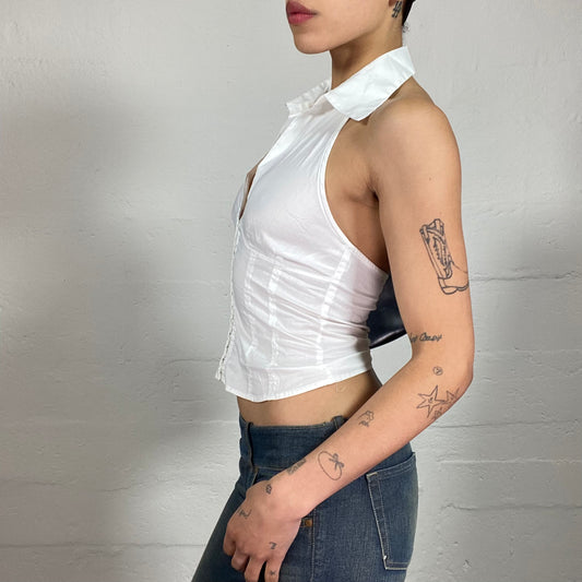 Vintage 2000's Office Girl White Bra Closing Neckholder Top with Pointy Collar Detail (S)