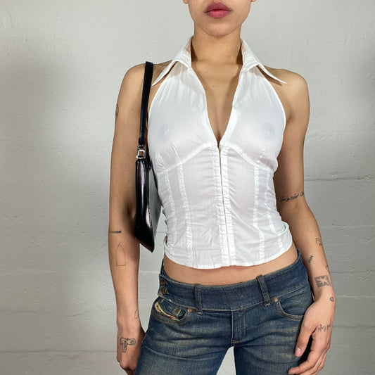 Vintage 2000's Office Girl White Bra Closing Neckholder Top with Pointy Collar Detail (S)