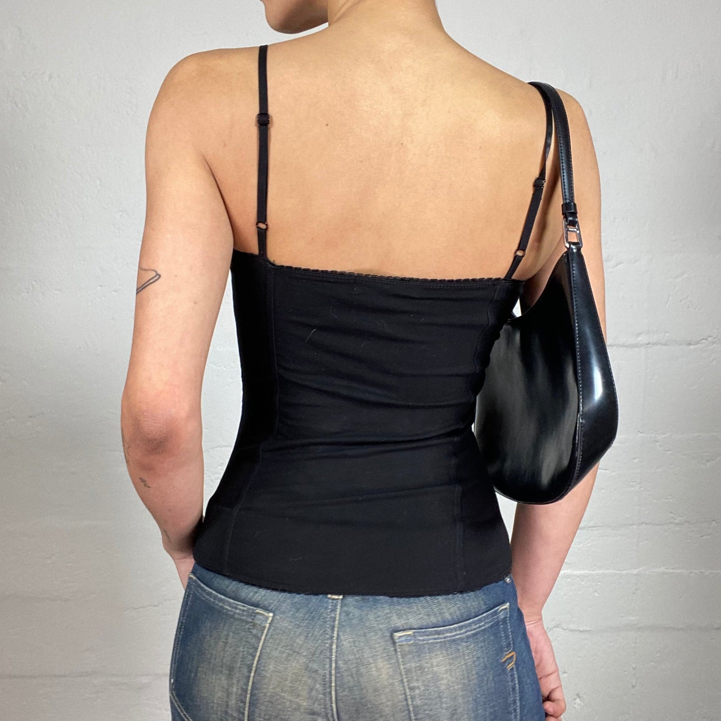 Vintage 2000's Biker Gang Girl Black Corset Style Top with Front Bra Closing and Grungy Print (S)