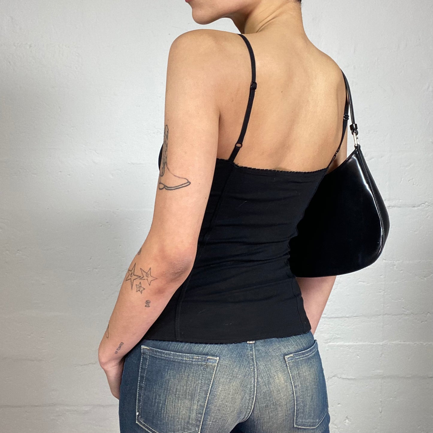 Vintage 2000's Biker Gang Girl Black Corset Style Top with Front Bra Closing and Grungy Print (S)
