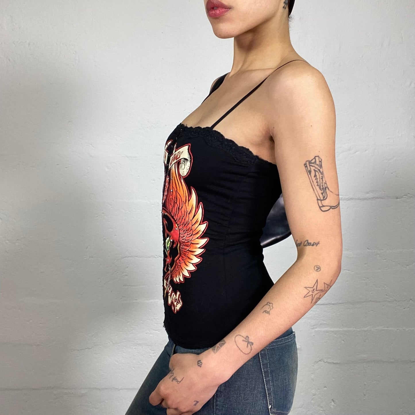 Vintage 2000's Biker Gang Girl Black Corset Style Top with Front Bra Closing and Grungy Print (S)