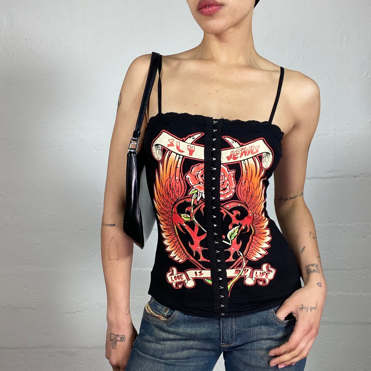 Vintage 2000's Biker Gang Girl Black Corset Style Top with Front Bra Closing and Grungy Print (S)