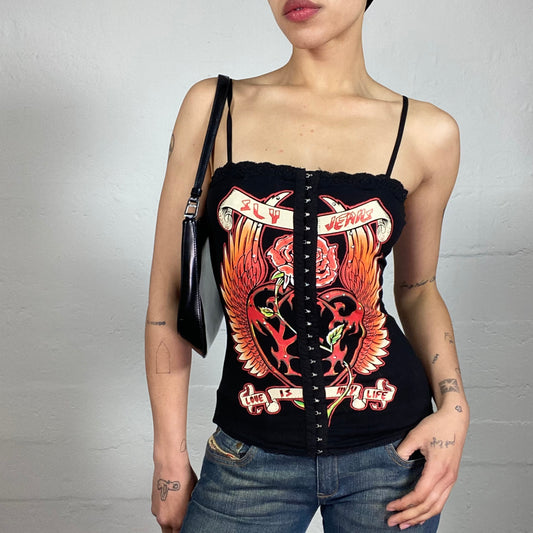 Vintage 2000's Biker Gang Girl Black Corset Style Top with Front Bra Closing and Grungy Print (S)