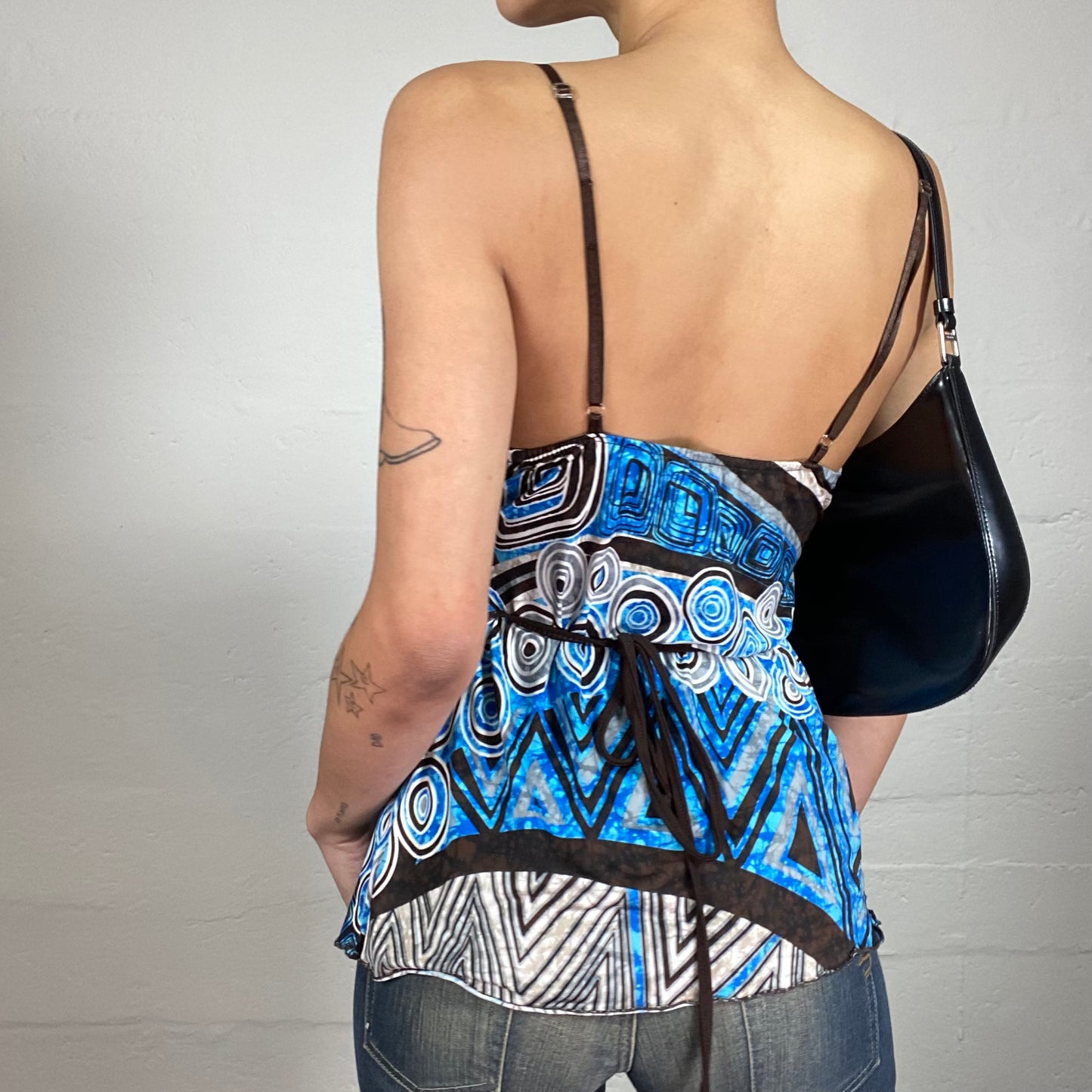 Vintage 2000's Serena Van Der Woodsen Style Blue and Brown Cami Top with Futuristic Pop Print (S)