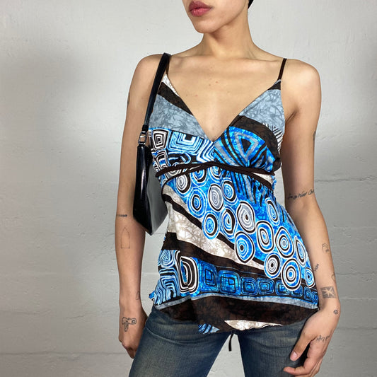 Vintage 2000's Serena Van Der Woodsen Style Blue and Brown Cami Top with Futuristic Pop Print (S)