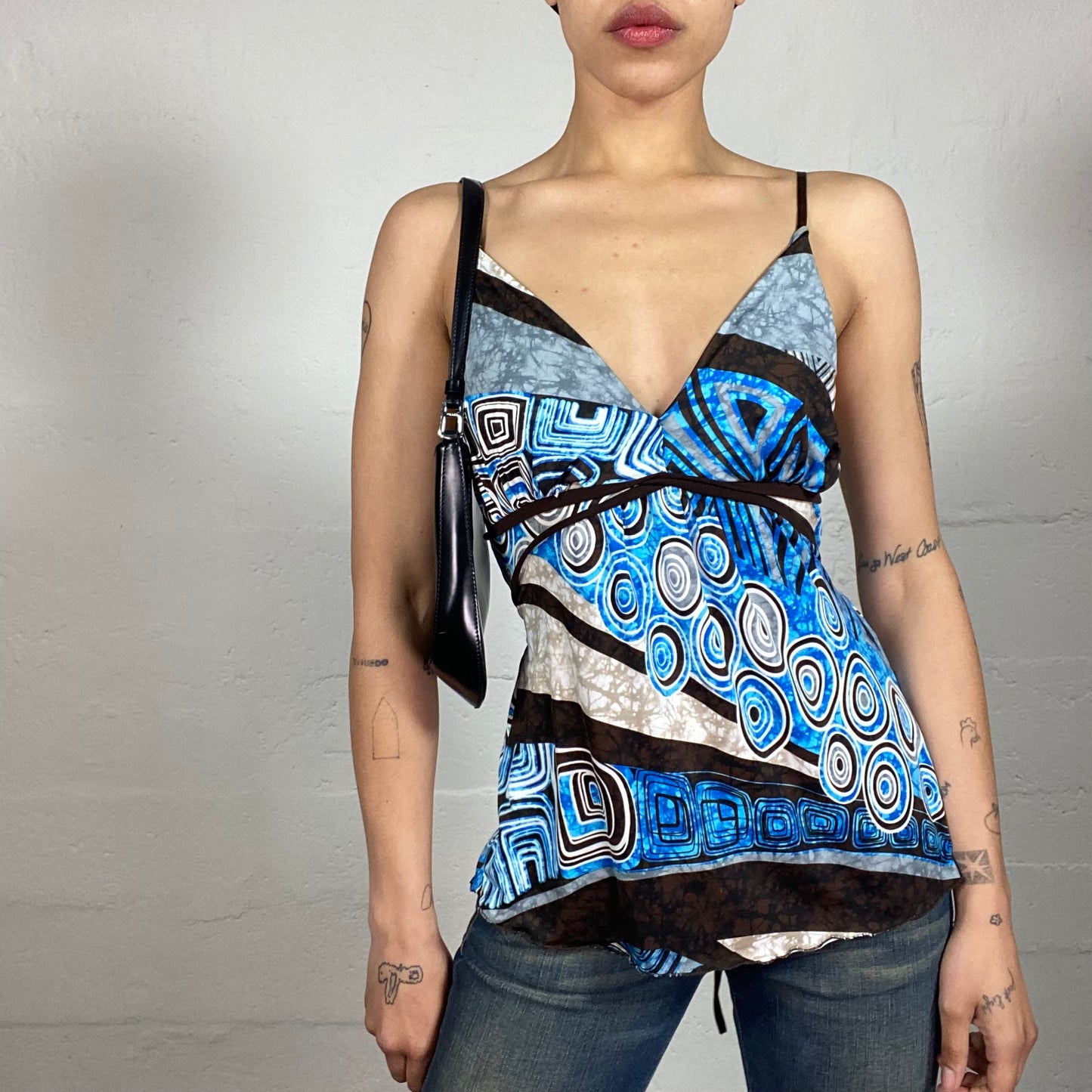 Vintage 2000's Serena Van Der Woodsen Style Blue and Brown Cami Top with Futuristic Pop Print (S)