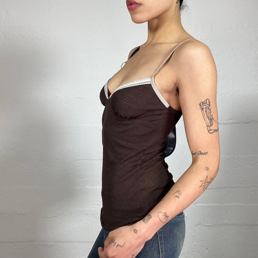 Vintage 2000's Coquette Knitted Brown Cami Top with White Decorated Trim (M)
