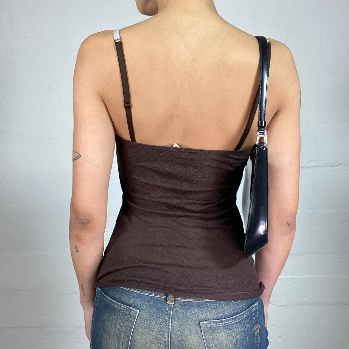 Vintage 2000's Coquette Knitted Brown Cami Top with White Decorated Trim (M)