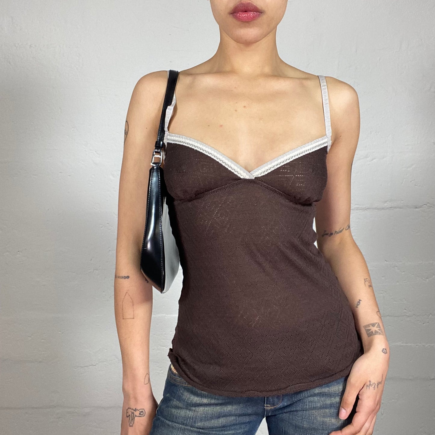 Vintage 2000's Coquette Knitted Brown Cami Top with White Decorated Trim (M)