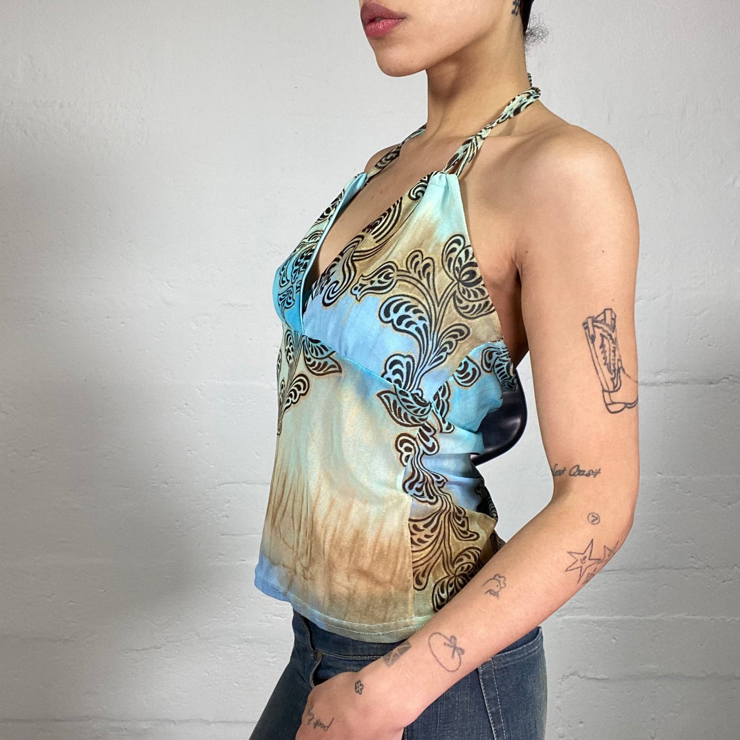 Vintage 2000's Summer Boho Chiffon Blue and Beige Neckholder Top with Brown Print (M)