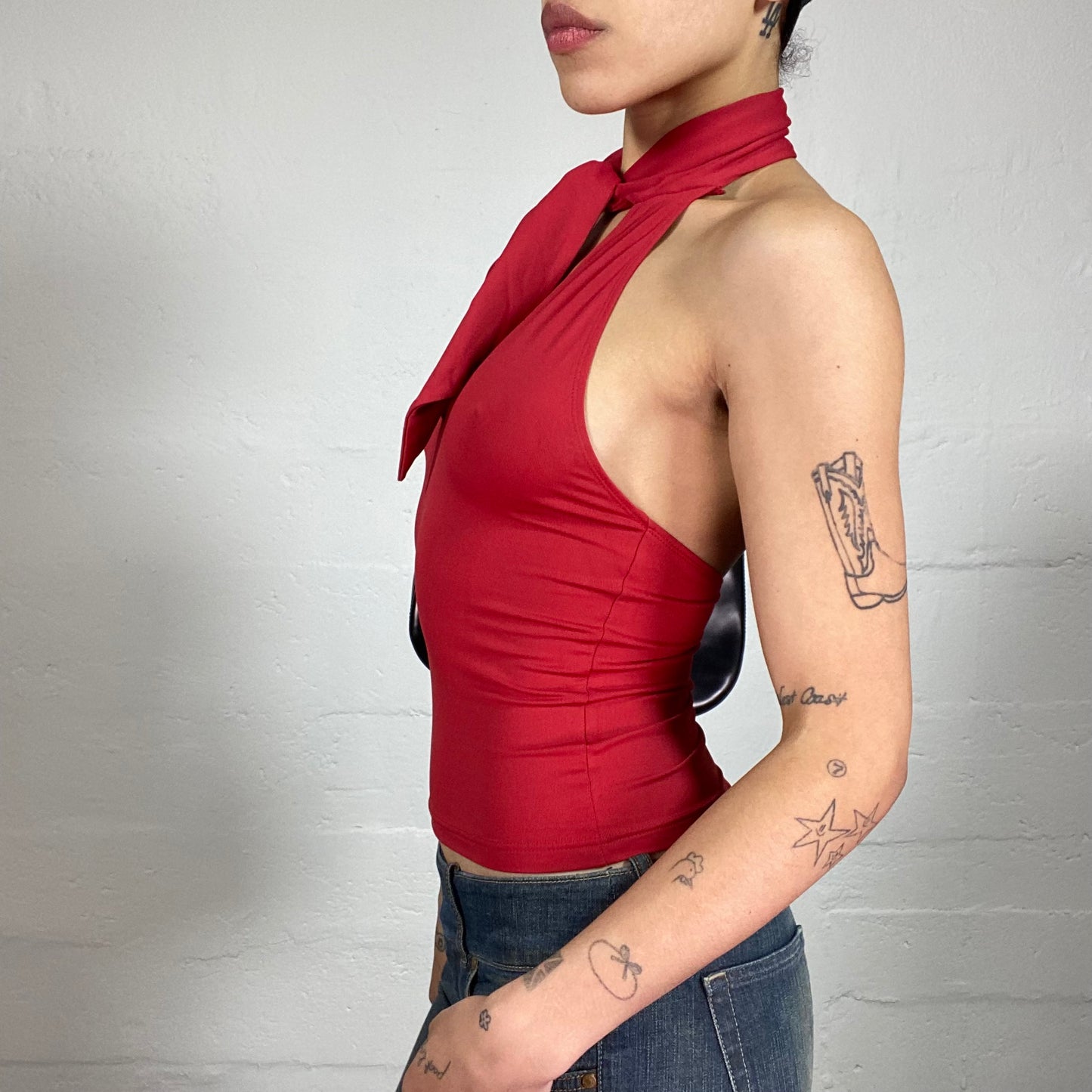 Vintage 2000's Classy Girl Blood Red Neckholder Top with Collar Ribbon (S)