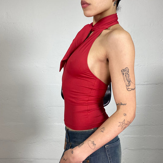 Vintage 2000's Classy Girl Blood Red Neckholder Top with Collar Ribbon (S)