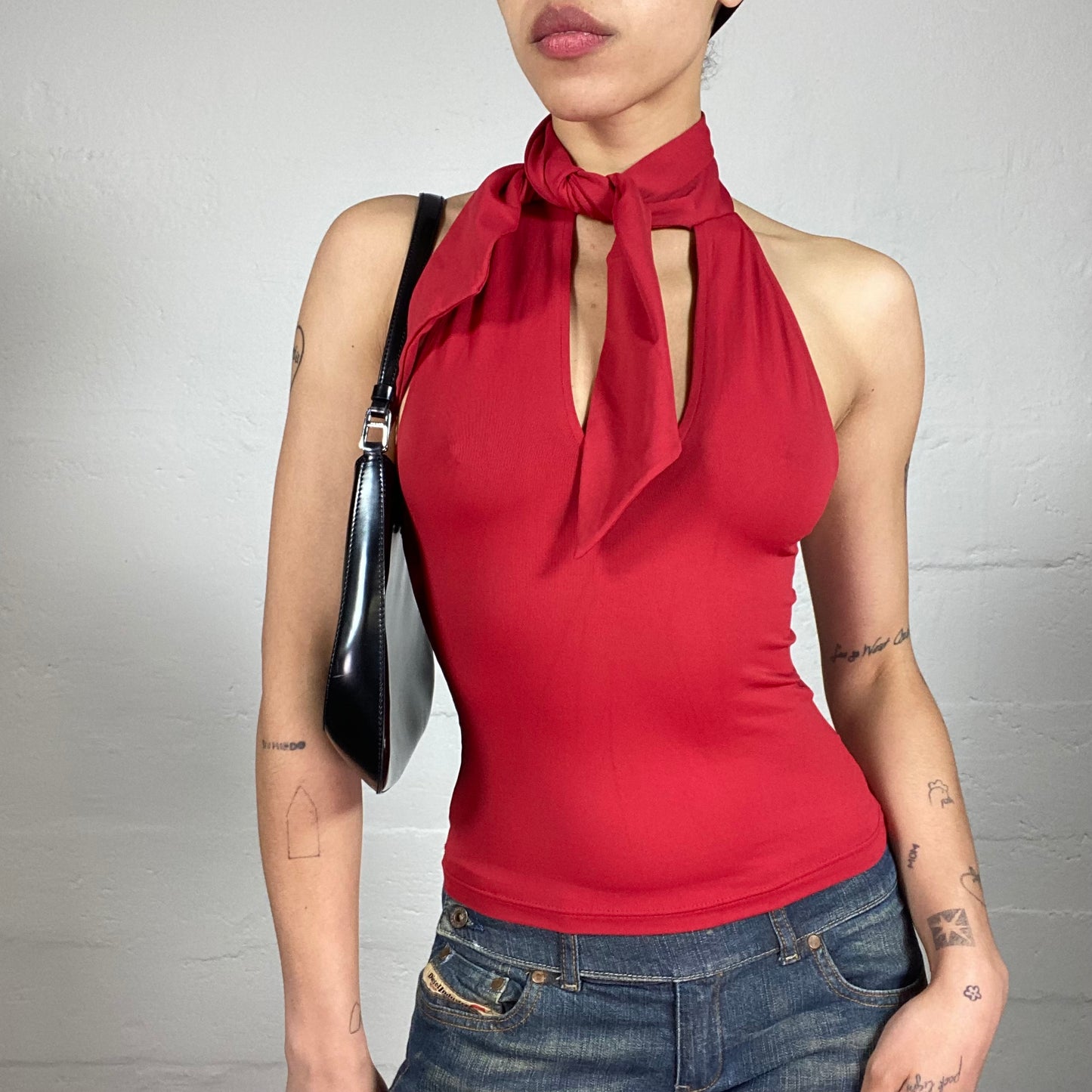 Vintage 2000's Classy Girl Blood Red Neckholder Top with Collar Ribbon (S)