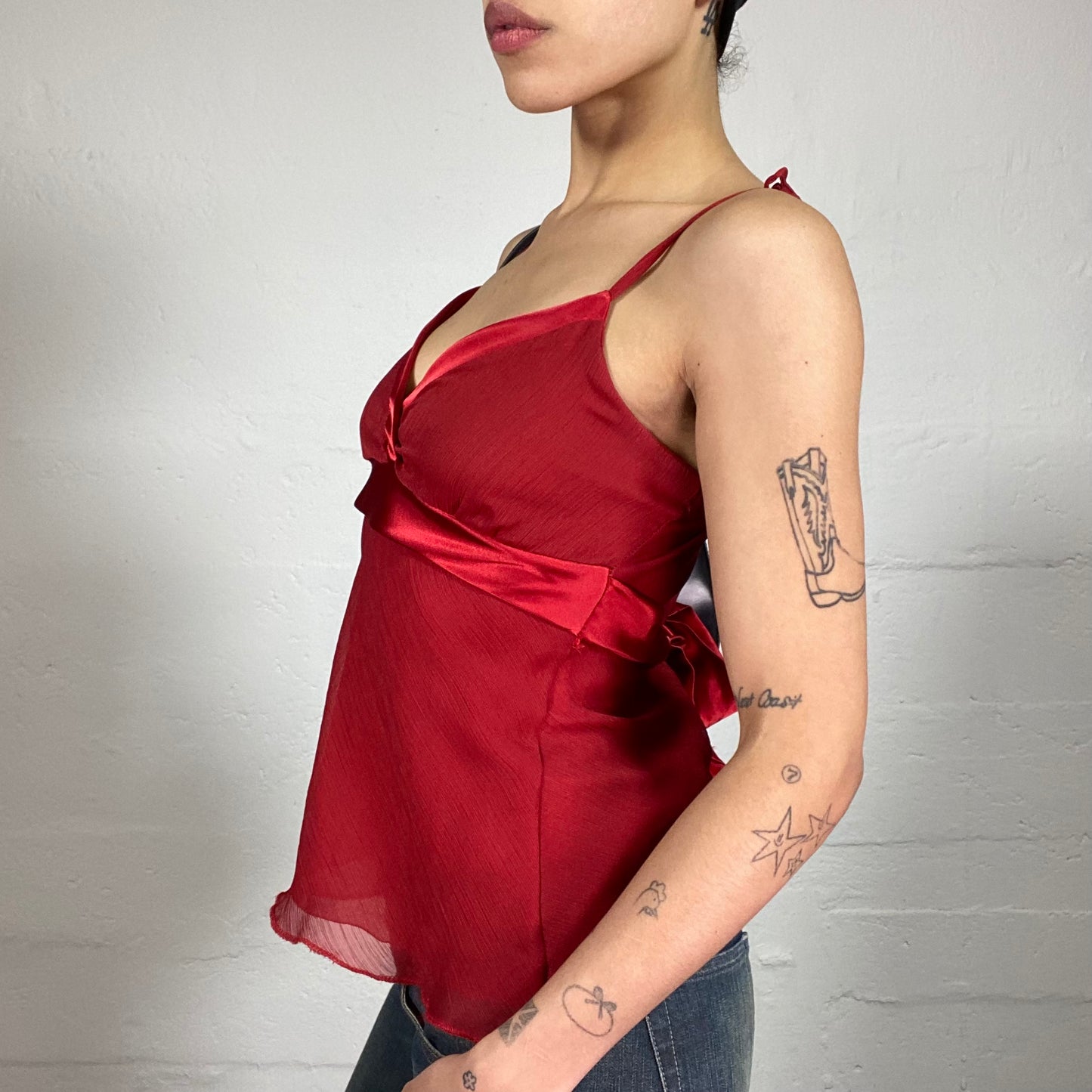 Vintage 2000's Paris Date Red Chiffon Elegant Cami Top with Silky Ribbon Detail (M)
