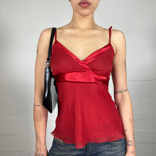 Vintage 2000's Paris Date Red Chiffon Elegant Cami Top with Silky Ribbon Detail (M)