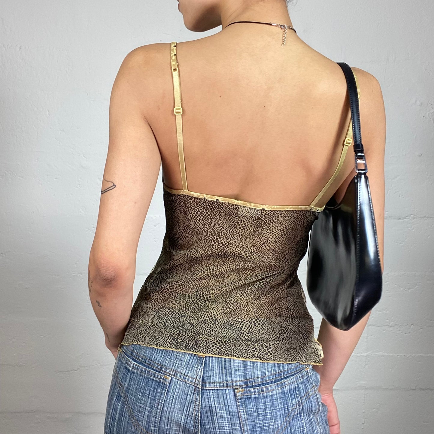 Vintage 2000's Soft Spring Girl Tender Green and Beige Chiffon Cami Top with Floral Print (S)