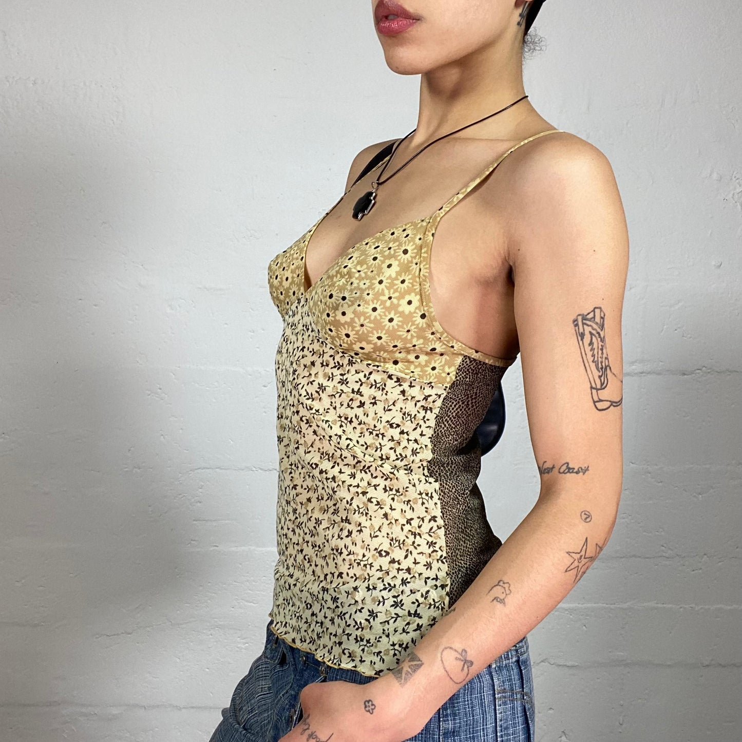 Vintage 2000's Soft Spring Girl Tender Green and Beige Chiffon Cami Top with Floral Print (S)